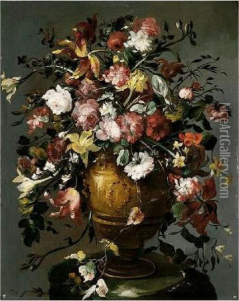 A Still Life Of Roses, 
Daffodils, Carnations, Narcissi And Tulips In A Gilt Urn, Upon A Stone 
Pedestal Oil Painting - Francesco Guardi