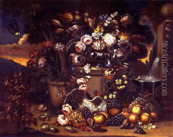 Still Life With Flowers And Fruit, Birds, Butterflies, And Insects, In An Exotic Garden Landscape Oil Painting - Gasparo Lopez