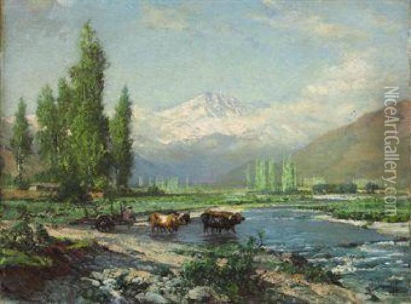 A Farmer And Oxen Fording The Aconcagua River Oil Painting - Thomas Jacques Somerscales