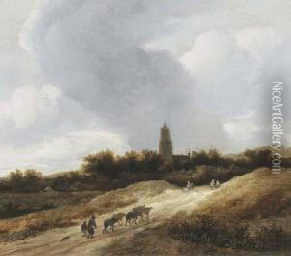 A Dune Landscape With Travellers, Shepherds And Cattle On A Path, Achurch Tower Beyond Oil Painting - Guillam de Vos