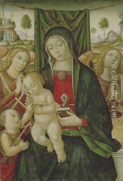 Madonna In Trono Con Bambino E San Giovannino, Tra Due Angeli Oil Painting -  Antonio Massari da Viterbo