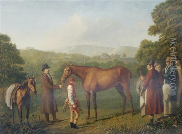 A Bay Racehorse Held By Her Trainer In An Extensive Landscape, With Jockey And Other Figures Nearby Oil Painting - Jacques-Laurent Agasse