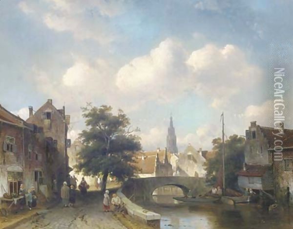 A canal in a sunlit Dutch town Oil Painting - Charles Henri Leickert