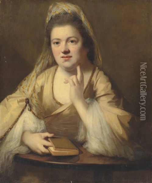 Portrait Of A Lady, Half-length, At A Table With Her Book Oil Painting - Nathaniel Hone the Elder