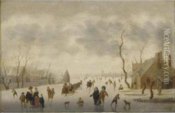 A Winter Landscape With Elegant Figures Skating And A Couple In A Horse-drawn Sleigh On The Ice Oil Painting - Verstraelen Anthonie