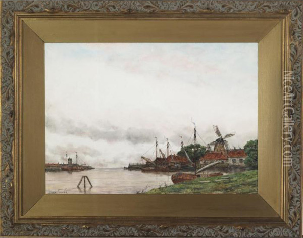 A Dutch Waterway Oil Painting - Hermanus Jr. Koekkoek
