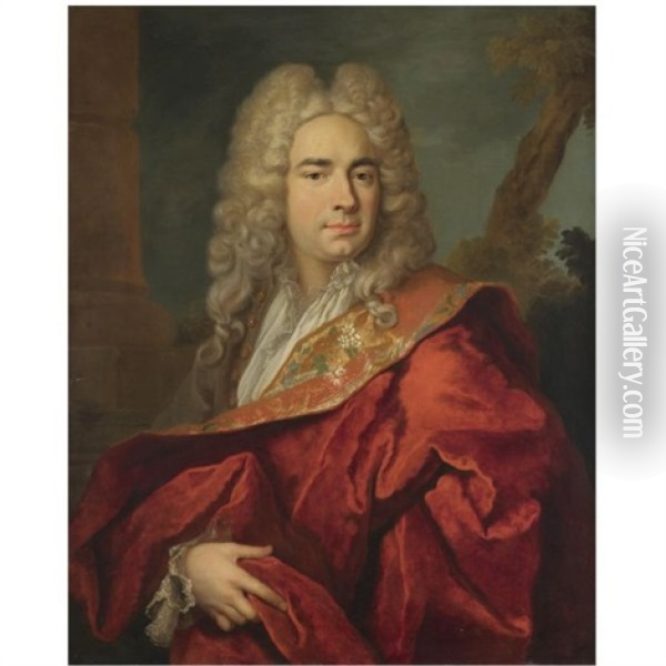Portrait Of A Gentleman, Half Length, Wearing A Red Cape Oil Painting - Nicolas de Largilliere