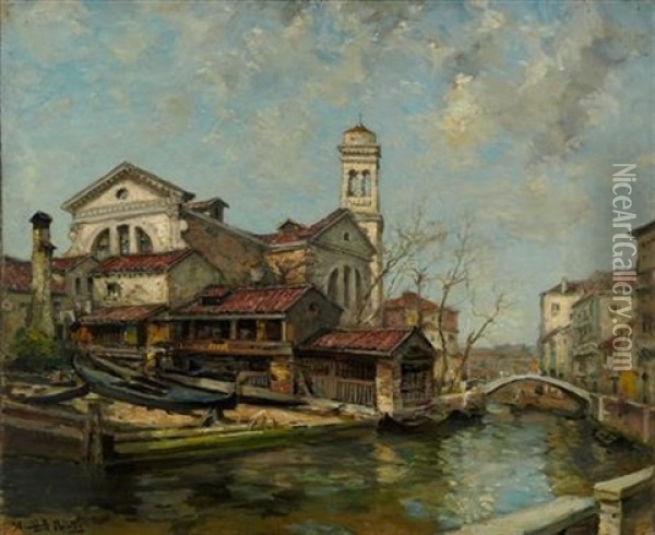 A Venetian Boatyard Oil Painting - James Campbell Noble