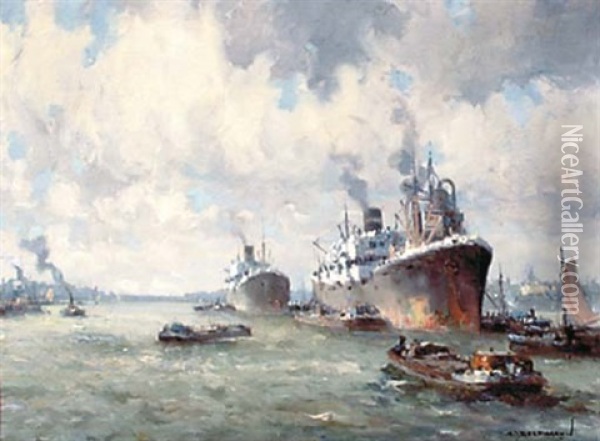 Cargo Ships At Rotterdam Harbour Oil Painting - Gerard Delfgaauw