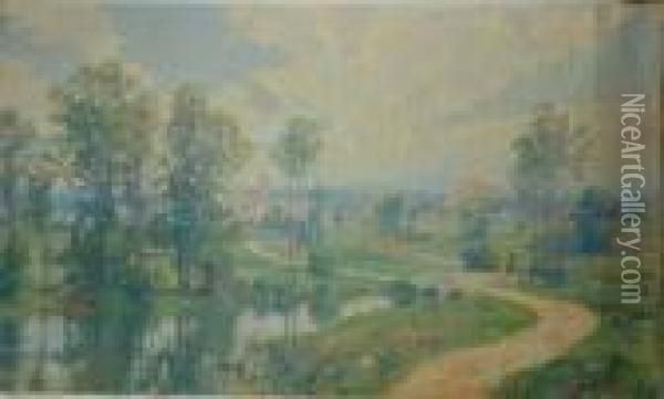 Extensive River Landscape With Village Beyond Oil Painting - Hugh Bolton Jones