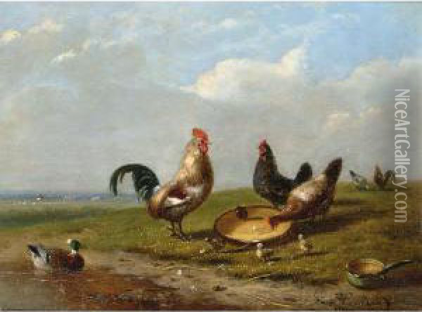 Sheep And Chickens In A Landscape Oil Painting - Auguste Coomans