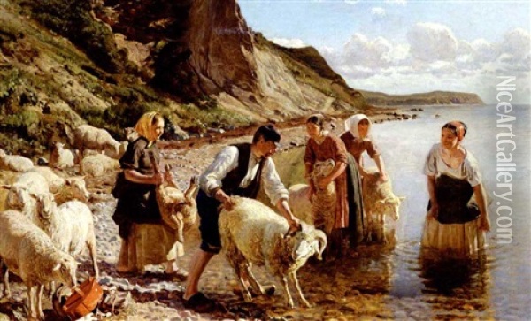 Unge Piger Og Knos Vasker Farene Ved Refsnaes Oil Painting - Hans Ole Brasen