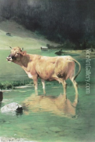 Geroldsee Mit Murnau-werdenfelser Kuh Am Ufer Im Sonnigen Licht Oil Painting - Adolf Ernst Meissner
