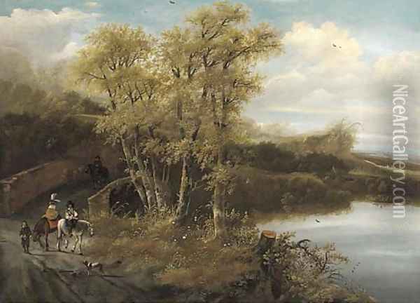 A wooded landscape with travellers crossing a bridge Oil Painting - Frederick De Moucheron