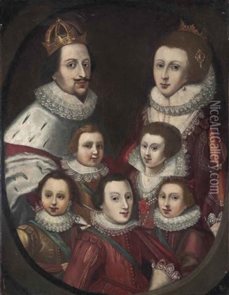 A Group Portrait Of A Nobleman With His Wife, Possibly Ferdinand Iii (1608-1657) And Maria Anna Of Spain (1606-1646), With Five Children, Half-lengths Oil Painting - Marcus Gerards the Younger