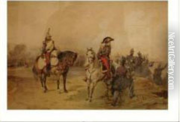 Deux Officiers A Cheval. Etat Major Du Duc D'aumale Oil Painting - Pierre Desire Eugene Franc Lamy