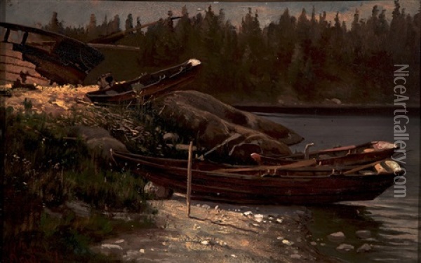 Rowing Boats On The Shore Oil Painting - Magnus Hjalmar Munsterhjelm