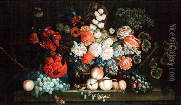 Still Life Of A Basket Of Flowers Beside Fruit On A Ledge Oil Painting - Jacob van Huysum
