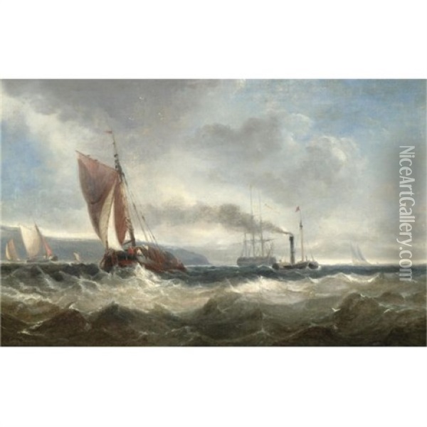 A Sailing Barge And Paddle Steamer With Other Shipping Off The Coast Oil Painting - Sir George Chambers