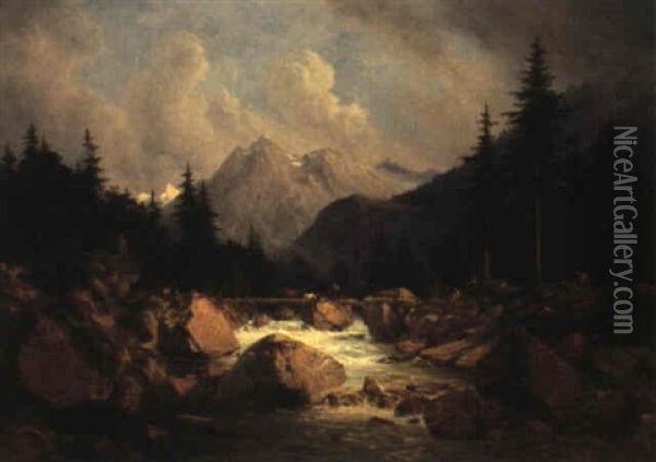 An Alpine River Landscape Oil Painting - Georg Emil Libert