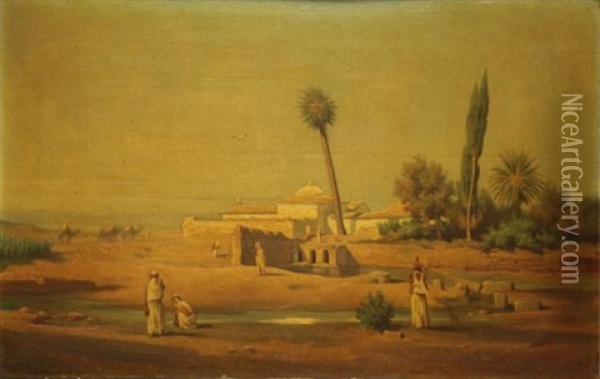 Orientalist Landscape With Figures, Camels And Mosque Oil Painting - Charles Guillaume Brun