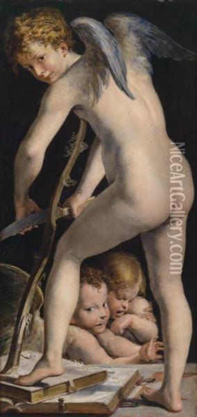 Cupid Carving His Bow Oil Painting - Michele Da Parma (see Rocca)