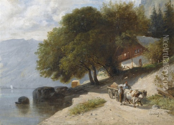 Sommerliche Uferpartie Mit Kuhkarren Oil Painting - Alfred-Paul-Emile-Etienne Dumont