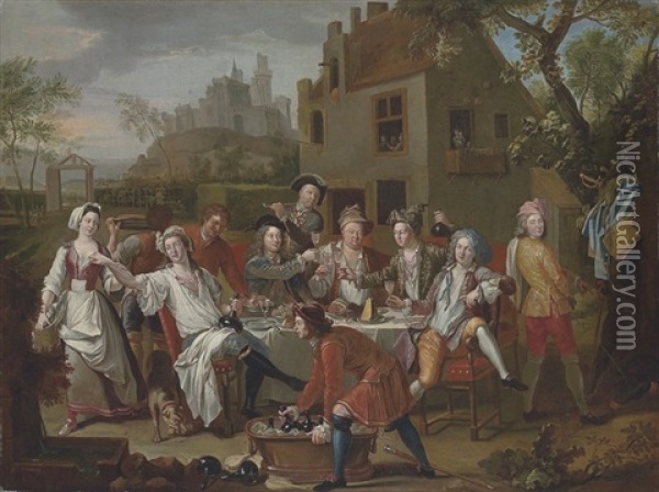 An Elegant Company At A Table Outside A Farm House Oil Painting - Francois Octavien