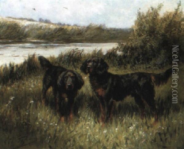 Two Spaniels In A River Landscape Oil Painting - Olivier de Penne