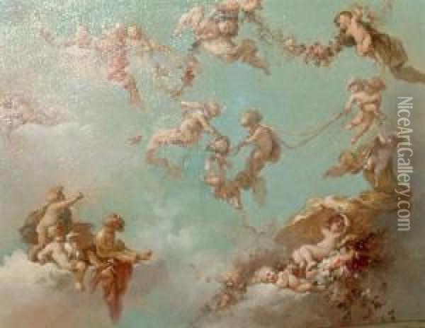 Flying Putti Oil Painting - Virgilio Tojetti