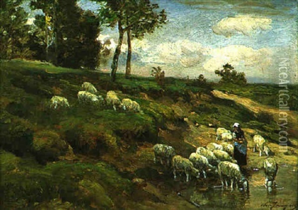 Moutons A La Mare Et Bergere Oil Painting - Charles Emile Jacque