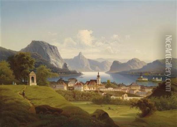 View Of Gmunden With Schloss Orth In Thebackground Oil Painting - J. Wilhelm Jankowsky