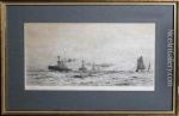 A Flotilla Of Destroyers Trailed By A Sea Plane Oil Painting - William Lionel Wyllie