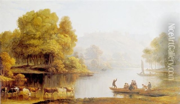 Cattle And Ferry On The Thames, Windsor Castle Beyond Oil Painting - John Glover