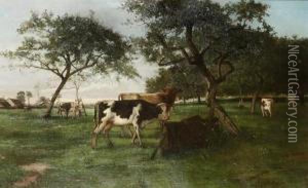 Landscape With Cows Oil Painting - Hippolyte Boulenger