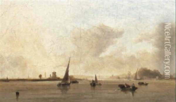 Fishing Vessels In A Calm Off The Shore Oil Painting - Augustus Wall (Sir.) Callcott