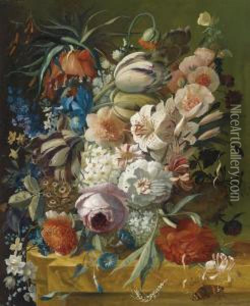 A Pair Of Still Lifes With Flowers Oil Painting - Georg Frederik Ziesel