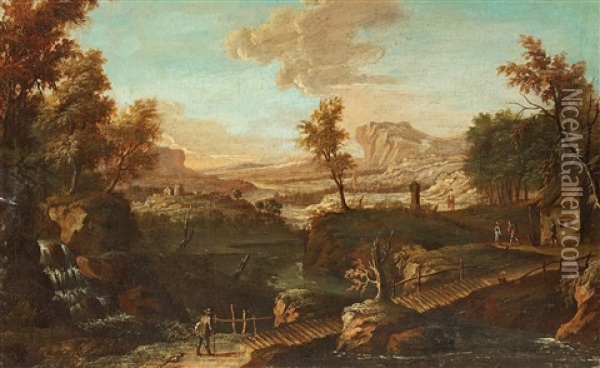 Landscape With River And Figures Oil Painting - Bartolomeo Torreggiani