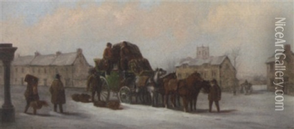 The Bristol, Bath And London Coach In Snow Before An Inn Oil Painting - John Charles Maggs