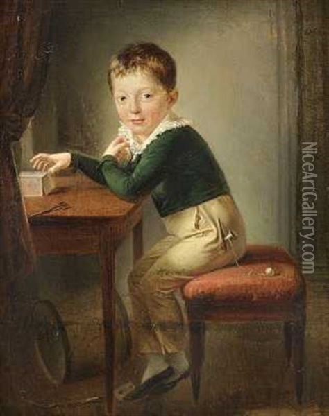 En Lille Dreng I Bla Jakke Bygger Et Korthus Oil Painting - Per Krafft the Younger