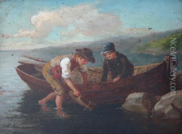 Two Young Boys With Rowboat By Waters Edge Oil Painting - Bengt Nordenberg