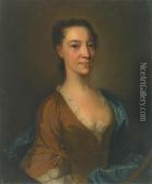A Portrait Of Catherine Dacre, Half-length, Wearing A Brown Dress With A Blue Wrap Oil Painting - William Aikman