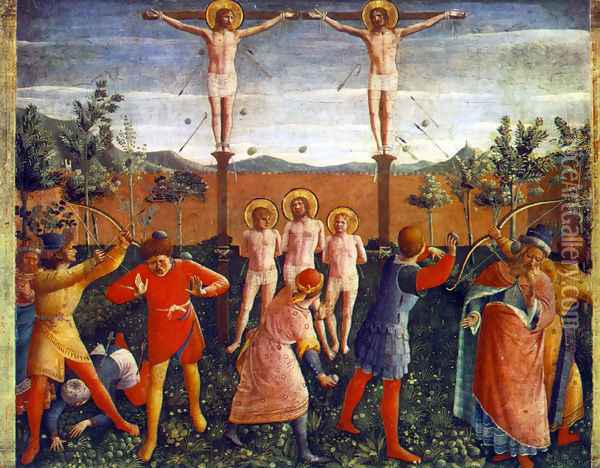 Saint Cosmas and Saint Damian Crucifixed and Stoned Oil Painting - Giotto Di Bondone