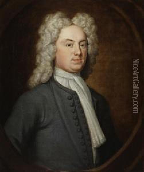 Portrait Of A Gentleman, Said To Be John Fidoe, Half-length, In A Grey Coat And A White Jabot, Within A Stone Painted Oval Oil Painting - John Vanderbank