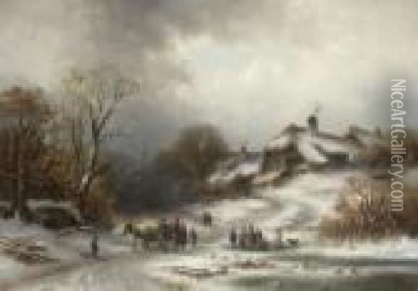 Winterlandschaft Mit Bauernhausern
 Bei Alt-gauting. Oil Painting - Anton Doll