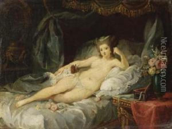 Femme Nue Se Reposant Sur Lit En Compagnie D'un Chien Oil Painting - Jean-Frederic Schall