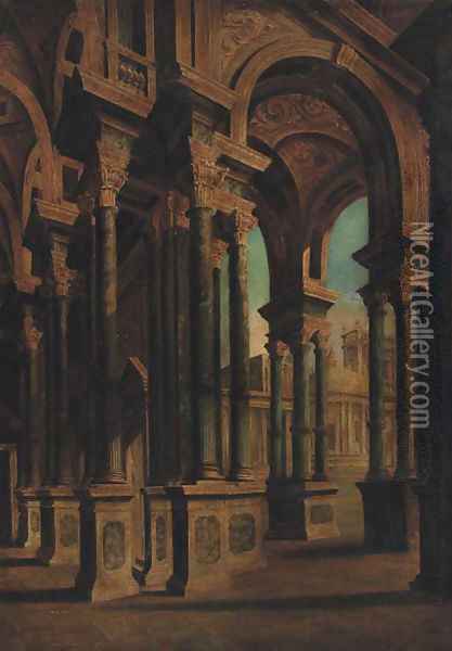 A Capriccio of an arcaded loggia Oil Painting - Giovanni Ghisolfi