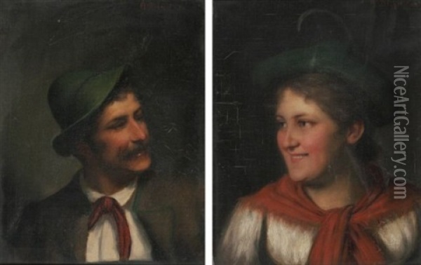 Brustbildnis Eines Jungen Bauernpaares (+ Another Similar; Pair) Oil Painting - Alois Binder