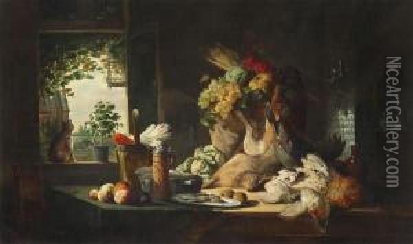 Kitchen Still Life With Cat In The Window Oil Painting - Lucas Schaefels