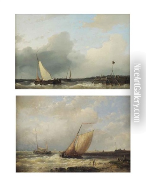 Two Dutch Platbodems Shipping Off The Coast Oil Painting - Abraham Hulk the Elder